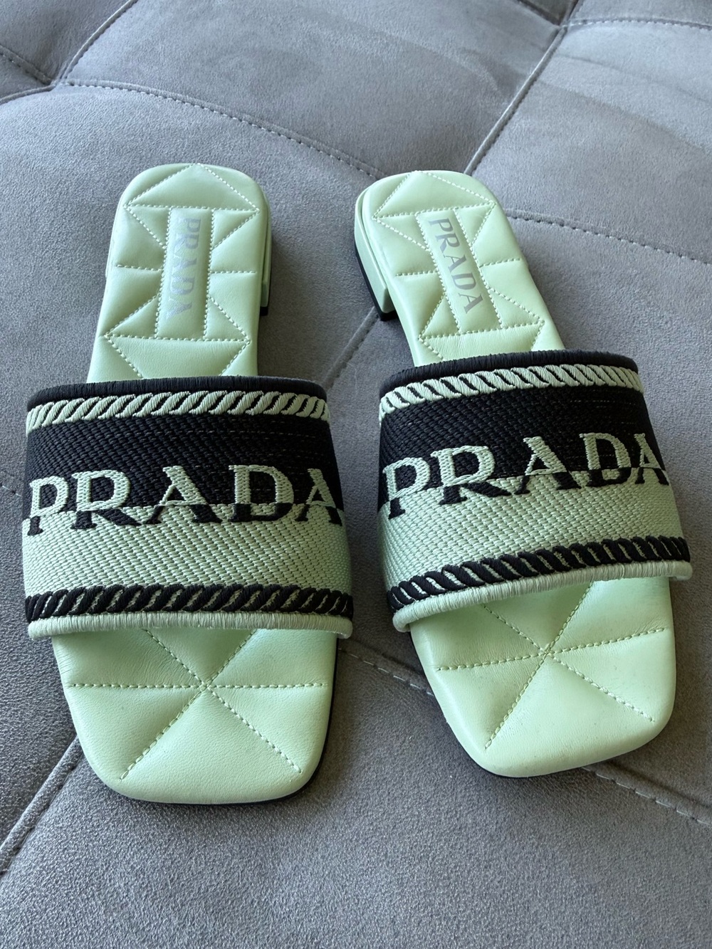 Prada Mint Green Quilted Slide Sandals with Black Logo Band